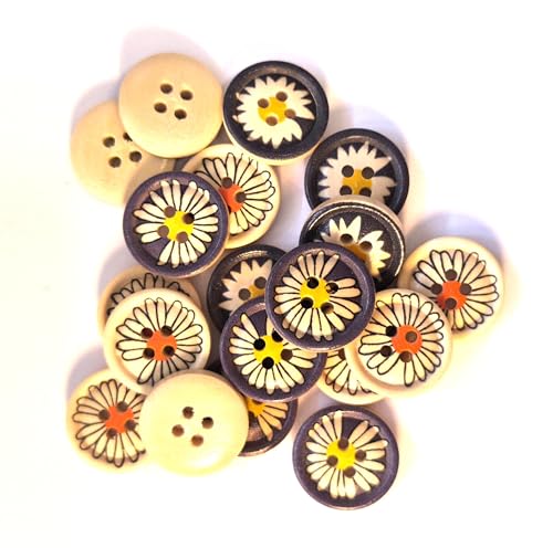 20 edle Holzknöpfe 18mm (1,8cm) bunt rund mit Gänseblümchen-Muster im zufälligen farblichen Mix Vierlochknöpfe a 2mm je Loch – 4-Loch-Knöpfe Blume zum basteln nähen annähen Bastelknöpfe von Handarbeit - Lieblingsladen