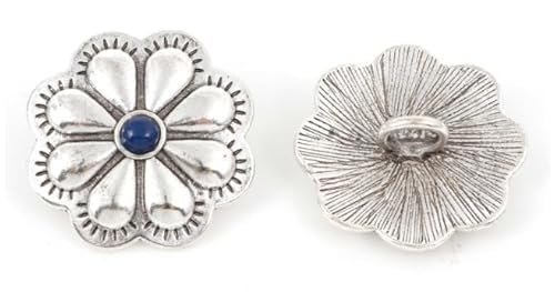 5 edle Ösenknöpfe antiksilber Blume 30mm Metallknöpfe mit Muster Blume mit Schmuckstein Kunstharz saphirblau zum annähen aufnähen Trachten Jackenknöpfe Mantelknöpfe Bastelknöpfe scrapbooking DIY von Handarbeit - Lieblingsladen