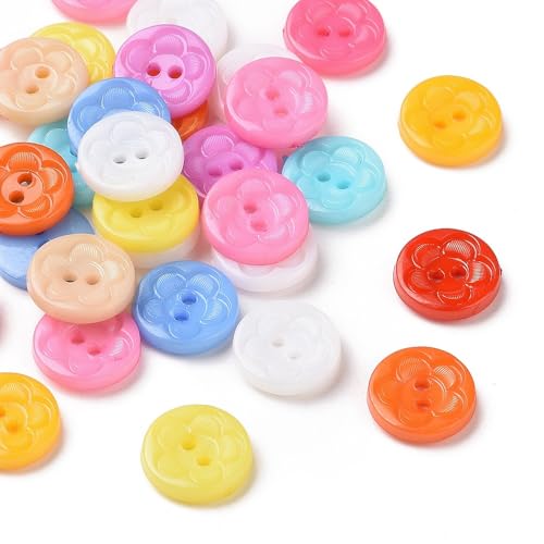 50 hochwertige Kunststoffknöpfe 12,5mm (1,25cm) bunt rund mit Blumenmuster im zufälligen farblichen Mix Zweilochknöpfe a 1mm je Loch – 2-Loch-Knöpfe Blume zum basteln nähen annähen Bastelknöpfe von Handarbeit - Lieblingsladen