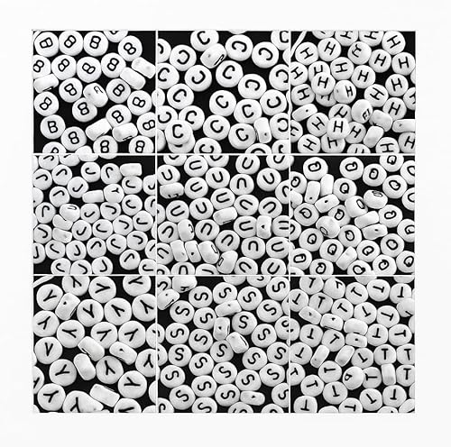 520 Acrylperlen 7mm flachrund weiß mit schwarzen Buchstaben Loch 1mm Kunststoffperlen Buchstabenperlen rund flach zum basteln fädeln auffädeln Spacer Schmuckherstellung DIY-Arbeiten von Handarbeit - Lieblingsladen