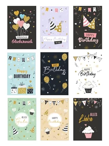 9 Premium Geburtstagskarten Happy Birthday 18x12cm - Klappkarten mit 9 weissen Umschlägen, Karte zum Geburtstag Alles Gute Glückwunschkarten Karten von Handarbeit - Lieblingsladen
