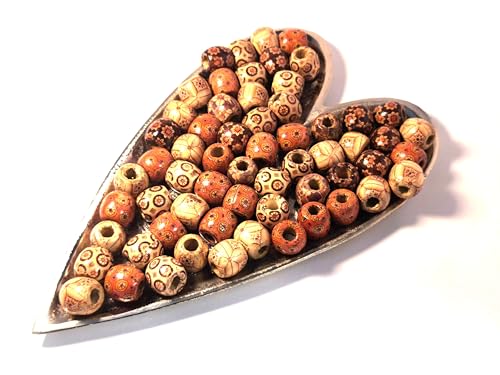 Handarbeit - Lieblingsladen 100 Holzperlen 16x17mm mit 7,4mm Loch Muster Braun Mix Holzkugeln zum basteln auffädeln Kugeln Perlen aus Holz Bastelperlen für DIY Schmuck Schmuckherstellung Ketten von Handarbeit - Lieblingsladen