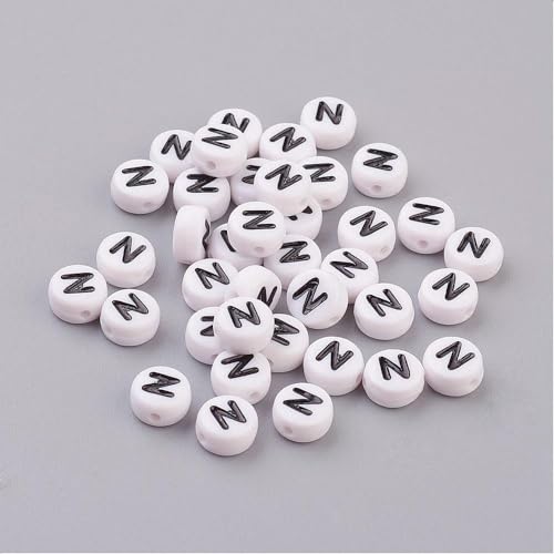 Handicraft Emporium Flache runde Alphabet-Acrylperlen | N | Weiß und Schwarz von Handicraft Emporium
