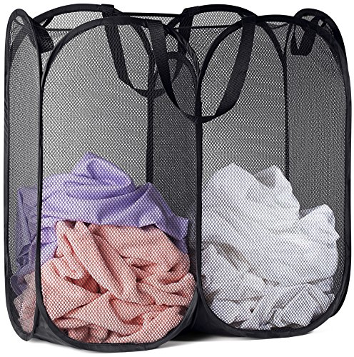 Wäschekorb aus Netzstoff, 2 Fächer, zusammenklappbar für die Aufbewahrung und einfach zu öffnen Faltbare Pop-Up-Wäschekörbe sind ideal für Kinderzimmer, Studentenwohnheim oder auf Reisen (schwarz) von Handy Laundry