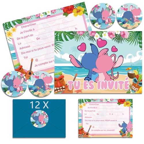 Hangsky 12 x Stich Einladungen Geburtstag Junge auf Französisch mit Umschlägen, Stich Einladungskarte Geburtstag Thema Party Einladungskarten für Geburtstag Junge (A6) (A) von Hangsky