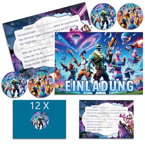 Hangsky 12x Fornit Einladungskarten Kindergeburtstag Junge mit Umschlag Deutsch, Fornit Geburtstagseinladungen Junge, Cartoon Einladungskarten Geburtstag Set für Themed Party (A6) (B) von Hangsky