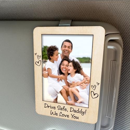 Drive Safe Daddy Visor Clip - Holz Foto Auto Visier Clip Drive Safe We Love You - 2025 Vatertagsgeschenk für Vater, Ehemann, für Ihn - Auto Bilderrahmen Papa - Polaroid Bilderhalter für Autos von Hangwoous