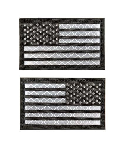 2 x 3,5 cm reflektierende US-USA-Flagge, taktische Aufnäher, Hakenverschluss auf der Rückseite (1 links + 1 rechts) (schwarz-weiß) von FOTN