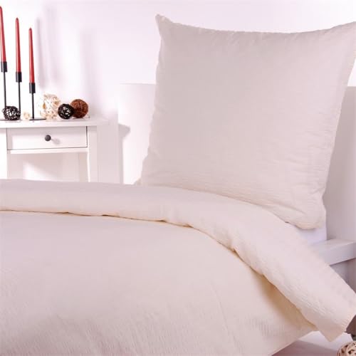 Hans-Textil-Shop Seersucker Hotelbettwäsche Baumwolle - Bettwäsche, Hotel, Pension, Unterkunft, Pflegeleicht, Bügelfrei, Kochfest, Mit Hotelverschluss (Creme, 155x220 + 80x80 cm) von Hans-Textil-Shop