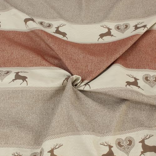 Hirsch Stoff Meterware Braun – Alpiner Dekostoff 140 cm breit – Polyester Landhausstoff mit Hirsch & Herz Streifenmuster – pflegeleicht – Made in Germany von Hans-Textil-Shop