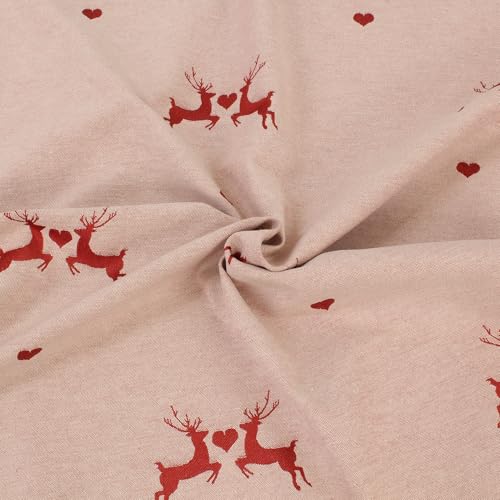 Hirsch Stoff Meterware Rot – Jacquard Dekostoff Landhaus 140 cm breit – Baumwolle Polyester Mischgewebe mit Hirsch & Herzen – doppelseitig & pflegeleicht – Made in Germany von Hans-Textil-Shop