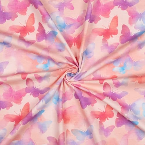 Kinder Jersey Stoff Meterware - 1 Meter, Jersey, Kinderstoff, Jerseystoff, Nähen, Baby, Jungen, Mädchen, Bekleidung, Shirt (Bunte Schmetterlinge Rosa) von Hans-Textil-Shop
