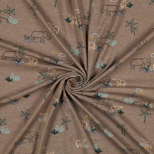Kinder Jersey Stoff Meterware - 1 Meter, Jersey, Kinderstoff, Jerseystoff, Nähen, Baby, Jungen, Mädchen, Bekleidung, Shirt (Elefanten Palmen Braun) von Hans-Textil-Shop