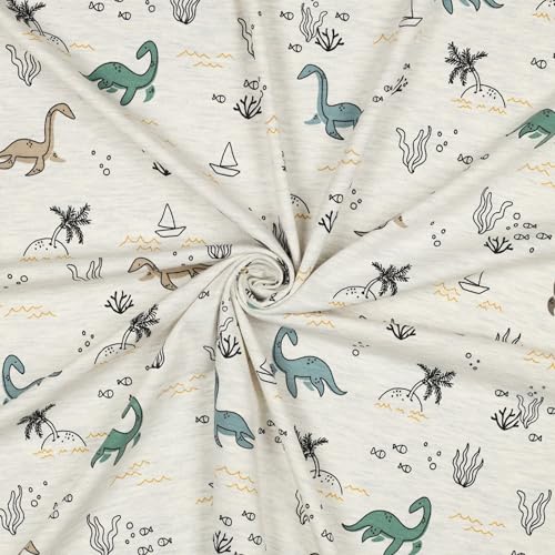 Kinder Jersey Stoff Meterware - 1 Meter, Jersey, Kinderstoff, Jerseystoff, Nähen, Baby, Jungen, Mädchen, Bekleidung, Shirt (Meeres Dino Creme) von Hans-Textil-Shop