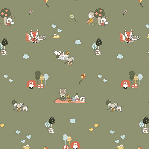 Stoff Meterware Kinderstoff Baumwollstoff Baumwolle - 1 Meter, Nähen, Bettwäsche, Kinder, Baby, Jungen, Mädchen, Bekleidung, Deko (Picknick Tiere Grün) von Hans-Textil-Shop