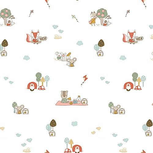 Stoff Meterware Kinderstoff Baumwollstoff Baumwolle - 1 Meter, Nähen, Bettwäsche, Kinder, Baby, Jungen, Mädchen, Bekleidung, Deko (Picknick Tiere Weiß) von Hans-Textil-Shop