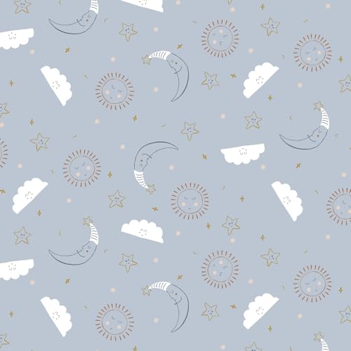 Stoff Meterware Kinderstoff Flanell Baumwolle - 1 Meter, Mädchen, Jungen, Kinder, Baby, Kleidung, Deko, Bettwäsche, Kissen, Schlafanzug, Pyjama, Deko (Wolke Sterne Mond Sonne Blau) von Hans-Textil-Shop