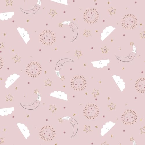Stoff Meterware Kinderstoff Flanell Baumwolle - 1 Meter, Mädchen, Jungen, Kinder, Baby, Kleidung, Deko, Bettwäsche, Kissen, Schlafanzug, Pyjama, Deko (Wolke Sterne Mond Sonne Rosa) von Hans-Textil-Shop