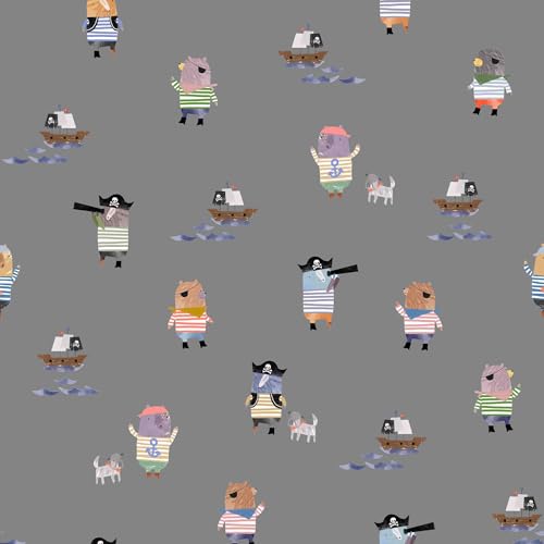 Stoff Meterware Kinderstoff Jerseystoff - 1 Meter, Jersey, Nähen, Kinder, Baby, Jungen, Mädchen, Bekleidung, Shirt (Piraten Tiere Grau) von Hans-Textil-Shop