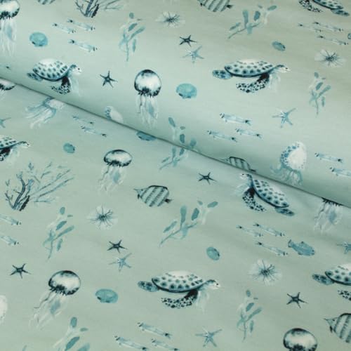 Stoff Meterware Kinderstoff Jerseystoff - 1 Meter, Jersey, Nähen, Kinder, Baby, Jungen, Mädchen, Bekleidung, Shirt (Sealife Meer Mint) von Hans-Textil-Shop
