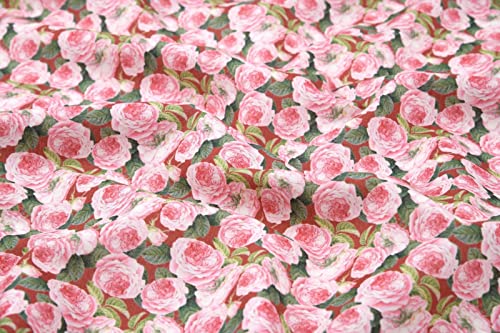 Stoff Meterware Pinke Rosen auf Rot Baumwolle - 1 Meter, Blumen, Blüten, Patchwork, Kissen, Tischdecke, Deko, Sommer, Frühling von Hans-Textil-Shop