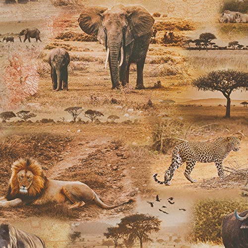 Stoff Meterware Safari Afrika Tiere Löwen, Nashörner, Panther, Leoparden, Elefant - Deko, Tischdecke, Vorhänge, Kissen, Nähen, Basteln, DIY von Hans-Textil-Shop