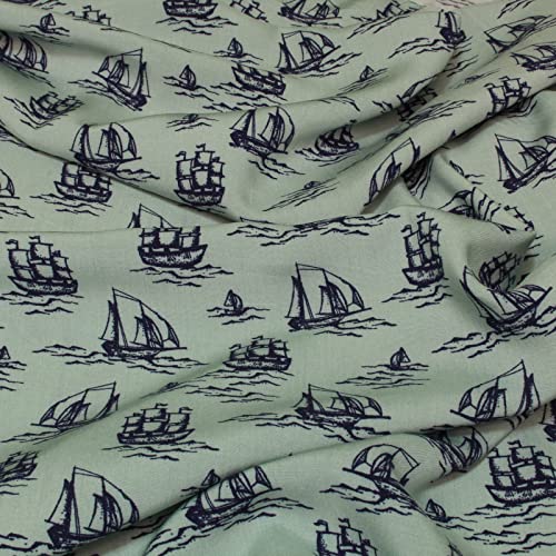 Stoff Meterware Segelschiffe Viskose - 1 Meter, Kinderstoff, Meer, Ozean, Maritim, Boote, Bekleidung, Bluse, Schal, Tuch, Deko, Nähen, DIY (Mint Grün) von Hans-Textil-Shop