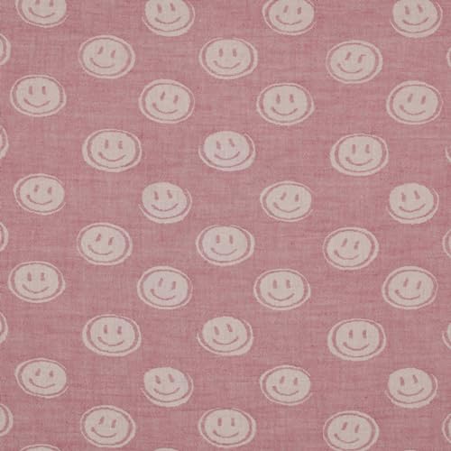 Stoff Meterware Smiley Pink Jaquard Musselin - 1 Meter, beidseitig verwendbar, Baby, Kinder, Bluse, Hose, Kleid, Lachgesicht, Emoji, Bettwäsche, Deko von Hans-Textil-Shop