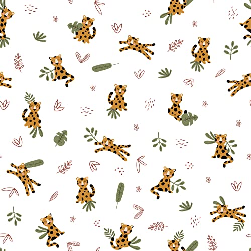 Stoff Meterware Sweet Leopard Weiß Jersey - 1 Meter, Afrika, wilde Tiere, Blätter, T-Shirt, Deko von Hans-Textil-Shop