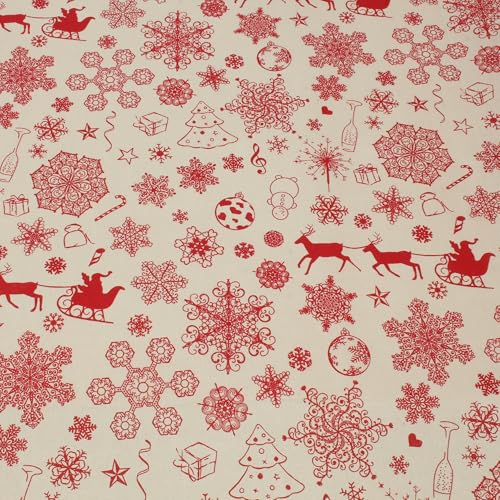 Stoff Meterware Weihnachtsstoff Beige 140 cm – Weihnachtsmann & Schneeflocken, Baumwolle Polyester, festlicher Stoff für Tischdecken, Kissen & Deko von Hans-Textil-Shop