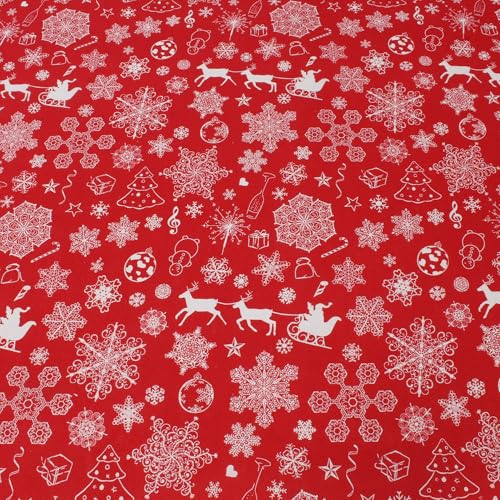 Stoff Meterware Weihnachtsstoff Rot 140 cm – Weihnachtsmann & Schneeflocken, Baumwolle Polyester, festlicher Stoff für Tischdecken, Kissen & Deko von Hans-Textil-Shop