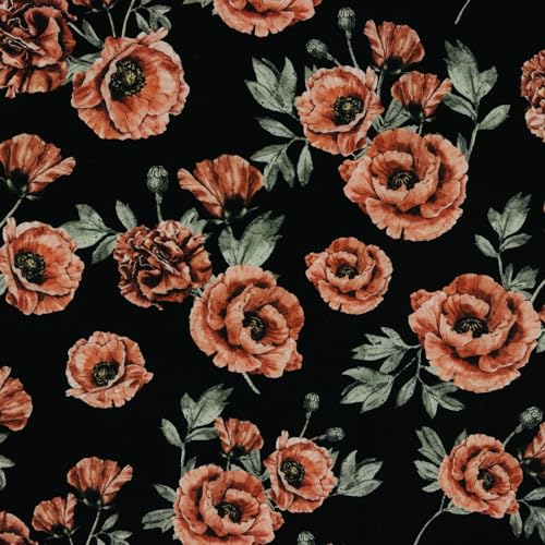 Stoff Meterware Blumen Blüten Blätter Canvas Baumwolle - 1 Meter, Geblümt, Blumenmuster, Kissen, Vorhänge, Tischdecke, Deko, Taschen, Nähen (Große Mohnblumen Schwarz) von Hans-Textil-Shop