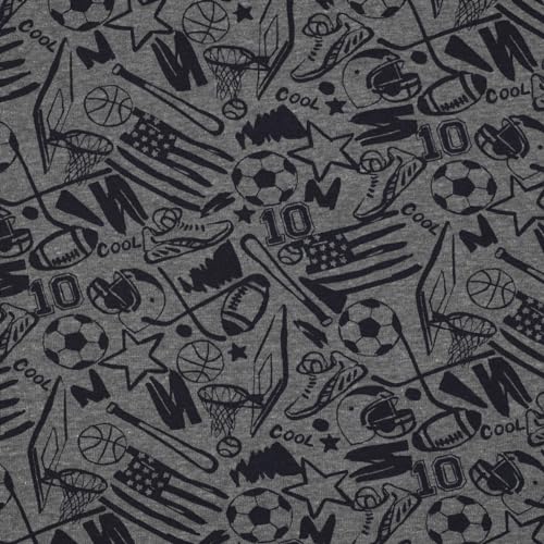 Sweat Stoff Meterware Kinder Sportmotive – Grau mit Fußball, Basketball & Baseball, 140 cm breit, 60% Baumwolle 40% Polyester, weich & pflegeleicht, ideal für Kinderbekleidung & Accessoires von Hans-Textil-Shop