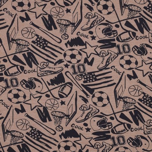 Sweat Stoff Meterware Kinder Sportmotive – Taupe Meliert mit Fußball, Basketball & Baseball, 140 cm breit, 60% Baumwolle 40% Polyester, weich & pflegeleicht, ideal für Bekleidung & Accessoires von Hans-Textil-Shop