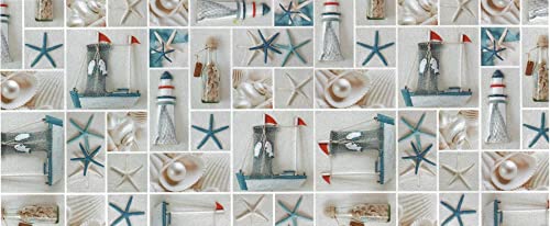 Wachstuch Tischdecken Meterware PVC 140 cm - 1 Meter, Wachstischdecke, Gartentischdecke, Outdoor, Garten, Wasserabweisend, Abwaschbar, Wetterfest (Seestern Leuchtturm Muschel Maritim) von Hans-Textil-Shop