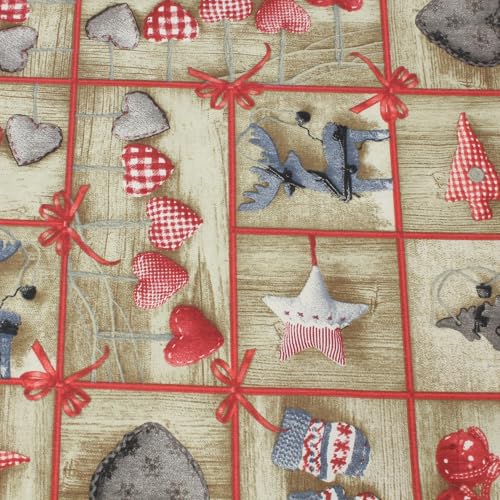 Weihnachtsstoff Meterware Beige 140 cm – Festlicher Stoff mit Weihnachtsdeko, Baumwolle Polyester, Herzen, Hirsche, Sterne & Tannenbäume von Hans-Textil-Shop