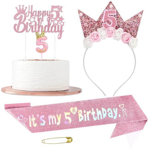 5 Geburtstag Dekorationen, Geburtstag Krone Tiara für Mädchen, Prinzessin Tiara, Schärpe, Cake Topper & Kerzen Set für Mädchen, Geburtstagsgeschenke für 5 Jahre altes Mädchen (Goldkrone, 5th Theme 5 Geburtstag Dekorationen, Geburtstag Krone Tiara für Mädchen, Prinzessin Tiara, Schärpe, Cake Topper & Kerzen Set für Mädchen, Geburtstagsgeschenke für 5 Jahre altes Mädchen (Goldkrone, 5th Theme von HaoHanEup