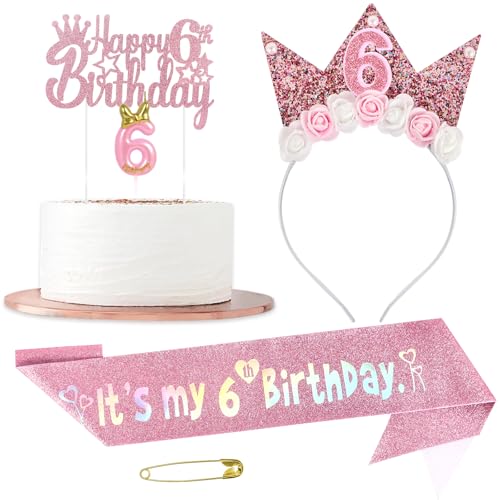 6 Geburtstag Dekorationen, Geburtstag Krone Tiara für Mädchen, Prinzessin Tiara, Schärpe, Cake Topper & Kerzen Set für Mädchen, Geburtstagsgeschenke für 6 Jahre altes Mädchen (Goldkrone, 6th Theme 6 Geburtstag Dekorationen, Geburtstag Krone Tiara für Mädchen, Prinzessin Tiara, Schärpe, Cake Topper & Kerzen Set für Mädchen, Geburtstagsgeschenke für 6 Jahre altes Mädchen (Goldkrone, 6th Theme von HaoHanEup