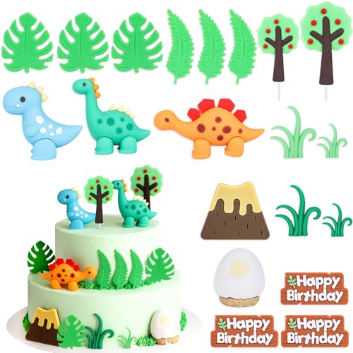 Dinosaurier-Kuchenaufsätze, 162 g, Safari-Kuchendekorationen mit Bäumen, Gras, Blättern, Eiern und Geburtstagswünschen für Dinosaurier-Party-Dekorationen, 20 Stück von HaoHanEup