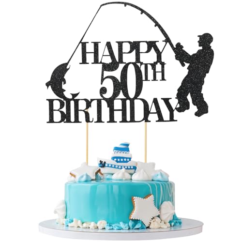 Fishing Cake Topper, Fisherman Happy Birthday Cake Toppers, Fisherman Theme Happy Birthday Party Decoration for Men, Dad, Fishing Lover 50th (Black) von HaoHanEup