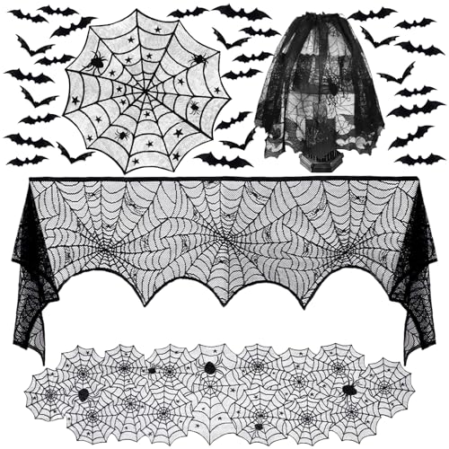 Halloween-Dekorationsset, Halloween-Tischläufer, runde Spitze, gruselige Fledermaus, Spinnennetz-Tischdecke, Spinnennetz-Tischdecke, Spinnennetz, Lampenschirm mit 36 gruseligen 3D-Fledermaus- und von HaoHanEup