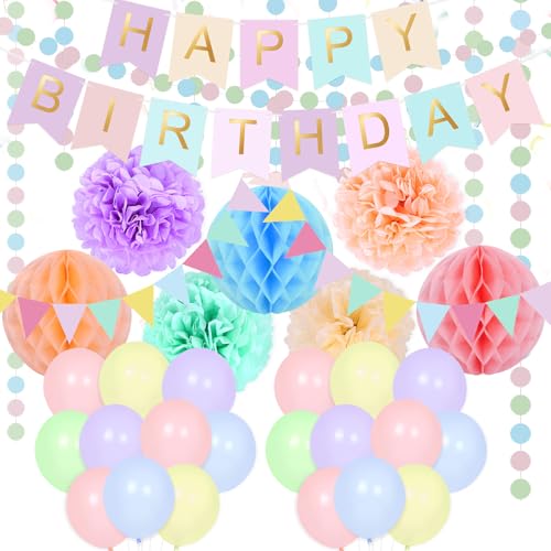 Pastellfarbene Geburtstagsparty-Dekorationen, 55 Stück, Macaron-Happy Birthday-Ballon-Girlanden-Set für Mädchen und Frauen, mit Seidenpapier-Pompons, Wabenball, dreieckige Wimpelkette, bunt für von HaoHanEup