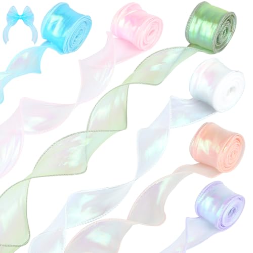 6 Rollen Schleifenband, 4cm*9m Organzaband, Durchscheinendes Glitzer Geschenkband, Chiffonband für Geschenkverpackungen, Sträuße, Bastelarbeiten (6 Farben) von Haocjanc