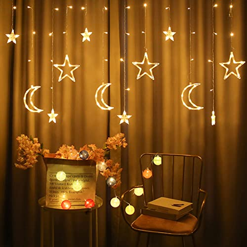 Haofy 126 LED Sternenlichter, 3m Twinkle Star Moon Lichterkette mit 8 Beleuchtungsmodi, Vorhang Lichterketten für Ramadan Home Fenster Hochzeit Garten Weihnachtsdekoration von Haofy