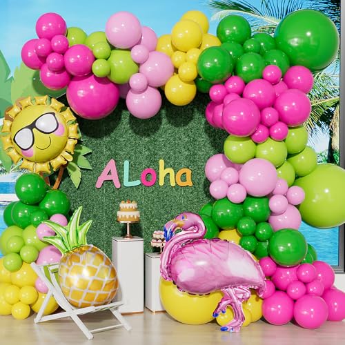 133 Stück Tropische Luftballons Bogen Girlande Kit Sonne/Ananas/Flamingo Folienballon mit grün/rosa/gelben Latex Luau Luftballons Bogen für Hawaii Luau Aloha Sommer Strand Party Flamingo Pool Party von Haolongfa