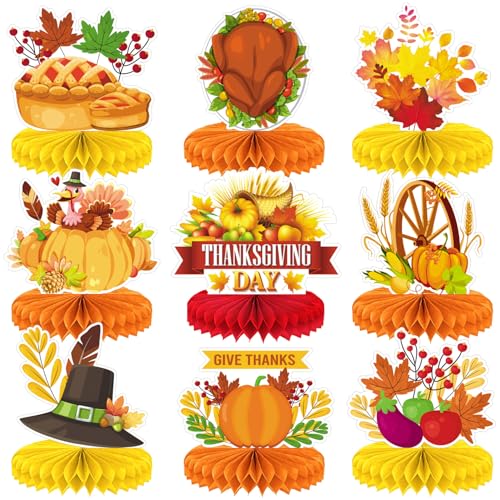 Thanksgiving-Tischdekorationen – 9 Stück Herbst-Waben-Mittelstücke für Tische mit Kürbissen, Sonnenblumen, Vogelscheuche, Eichhörnchen für Thanksgiving-Abendessen, Herbsterntefest, rustikale von Haolongfa