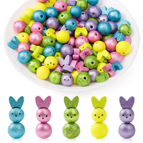 Haooryx 121 x glitzernde Oster-Hasen-Peeps-Holzperlen, bunte Hasenperlen mit Seil, Naturholzperlen, Großpackung, rustikales Bauernhaus, Basteln, für Frohe Ostern, Frühling, Party, Gastgeschenk, von Haooryx
