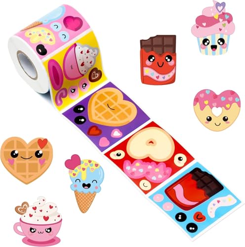Haooryx 300 Stück Valentinstag Dessert Machen Face Scene Sticker Roll, Machen Sie Ihr eigenes Dessert Süßer Donut Eiscreme Cupcake Schokolade Aufkleber Mischen und kombinieren Scrapbook-Dekoration von Haooryx