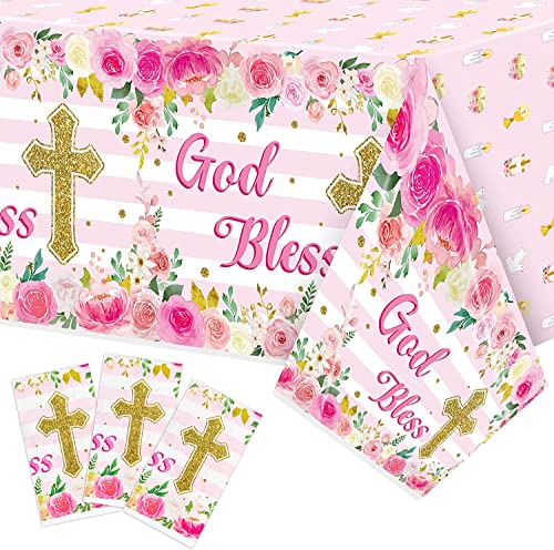 Haooryx 3er-Pack Rosa Tischdecken Für Taufe Und Kommunion - Einweg Wasserdicht Blumenmotiv Rechteckig Passend Babyparty Kirchliche Feiern Dekorative Plastiktischdecken Pflegeleicht Hochwertiges von Haooryx