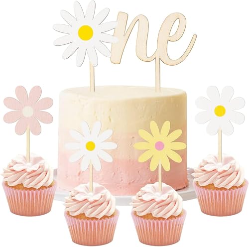 Haooryx 5Stück Gänseblümchen Hölzernes Tortendeko ONE Buchstabe Boho Blumen Cupcake Aufleger für Kinder Ein Jahr alt Geburtstag Baby Dusche Hochzeitstorte Dekoration Topper Dekoration Party Zubehör von Haooryx